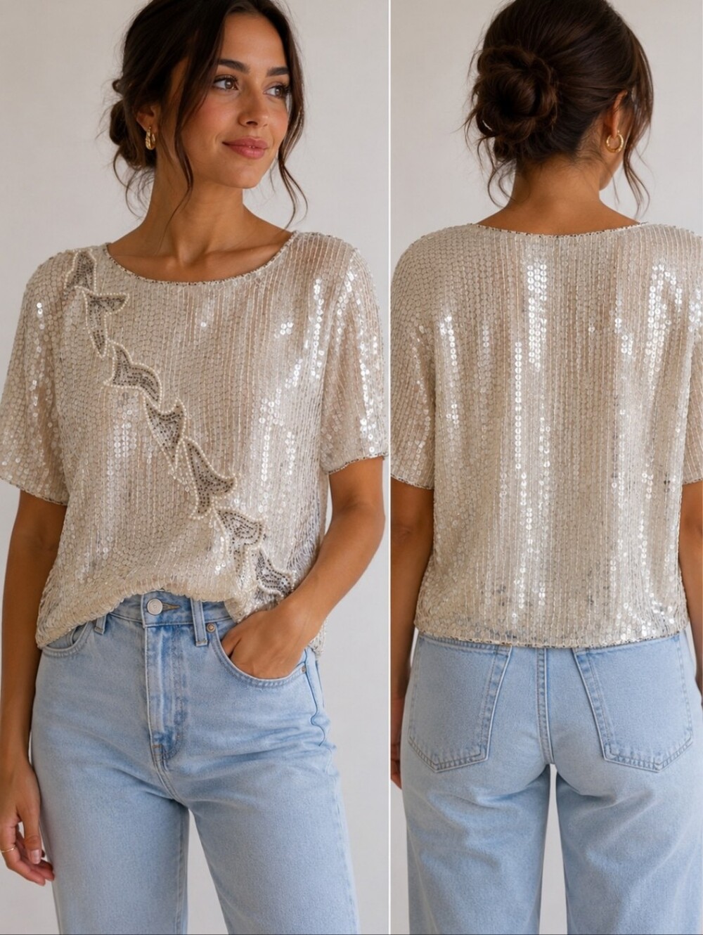 Jasmine Silk Sequin Top XL Vintage Beaded Blouse Cream Sheer Glam 100% Silk